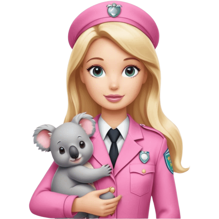 Blonde Barbie model, zookeeper holding koala, pink uniform emoji