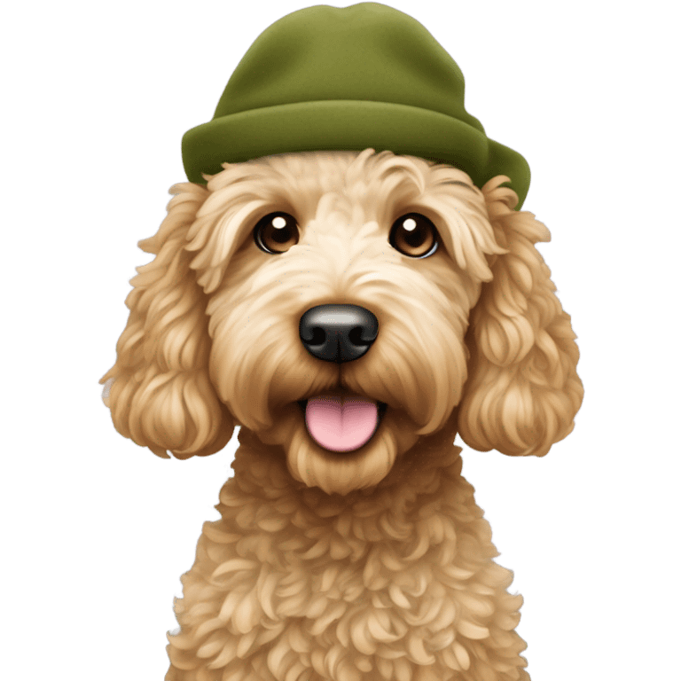 Mini goldendoodle in olive green winter hat  emoji