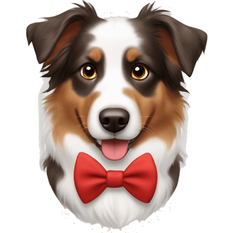 White and brown Australian shepherd with a red bow tie emoji