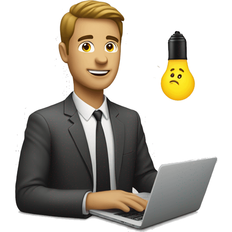 man with laptop and light bulb above head emoji