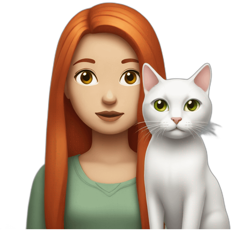 Girl with long straight red hair, serious with white cat on her head and gray green eyes emoji