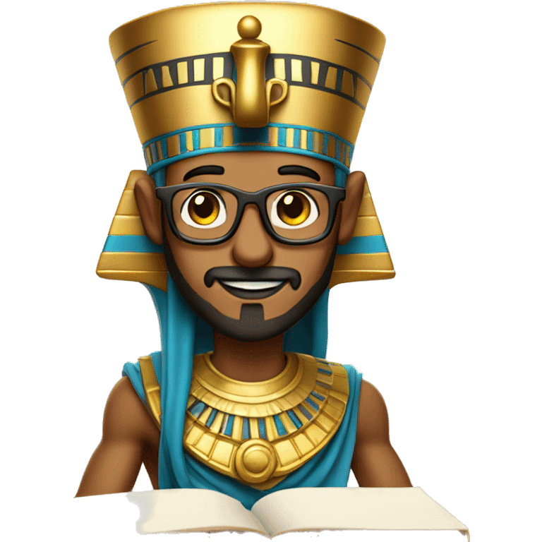 Egyptian pharaoh with glasses and a goatee holding a history book emoji