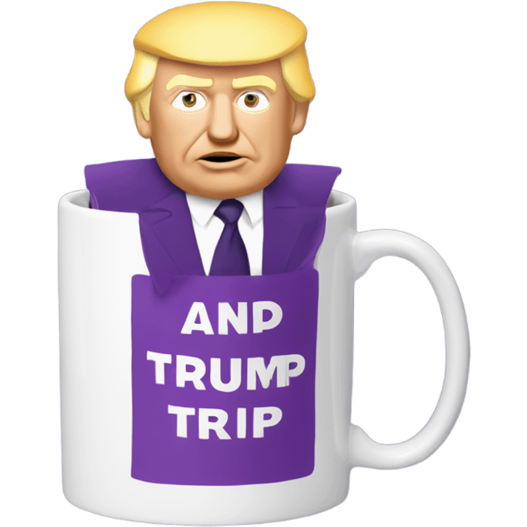 A purple coffee mug, with words and a drawing and white of Donald Trump emoji