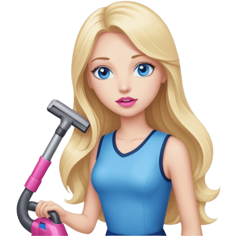 Cinematic realistic blonde with long hair, blue eyes and pink lips vacuums emoji