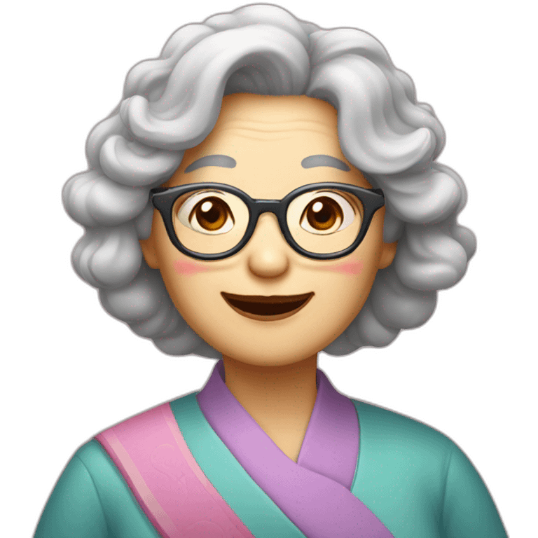 Chinese senior  lady has wavy long  wavy hair wear glasses show appreciation signs emoji