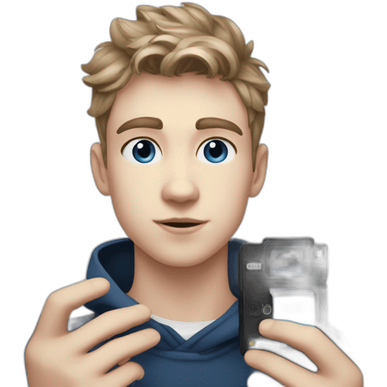 white blue eyed teen boy with dark blonde hair stands with a black polaroid onestep emoji