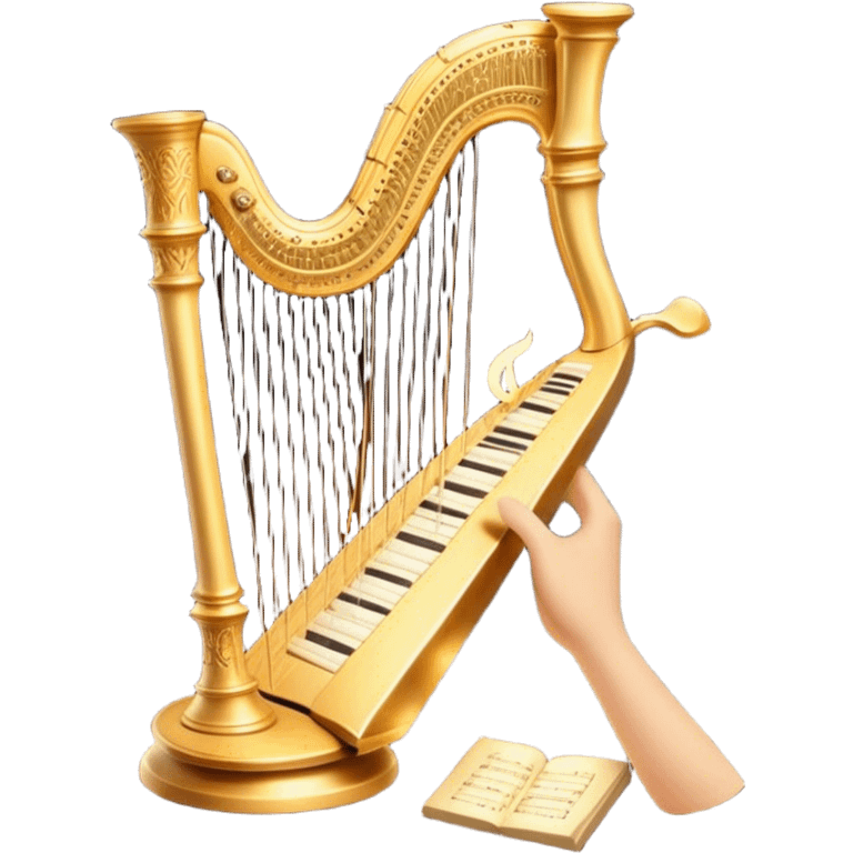 Cinematic Realistic Harp, a grand golden harp with intricately carved details, delicate strings shimmering under soft candlelight, rich wood tones adding warmth, a musician’s gentle fingers plucking a note, glowing with an ethereal and majestic aura. emoji