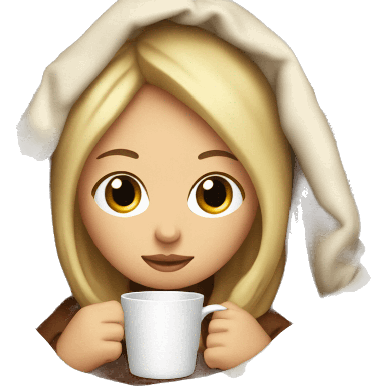 girl inside a blanket sipping coffee eyes closed and blonde hair  emoji