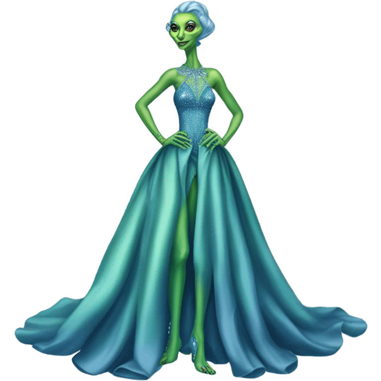 reptilian green alien woman, in long slim pastel blue formal party satin dress with gradient shiny sparkling navy blue diamonds embroidered, full body full figure emoji