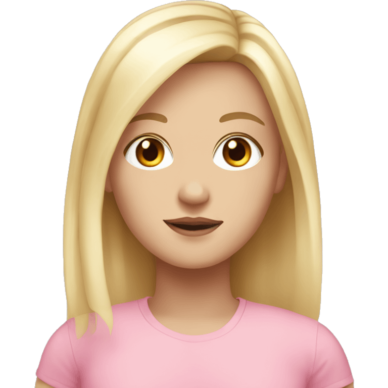 White girl, with blonde hair, brown eyes wearing pink emoji