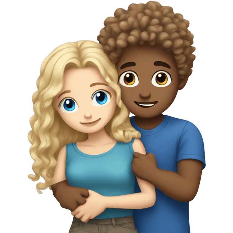 blonde blue eyed girl hugging mixed boy with curly brown hair emoji