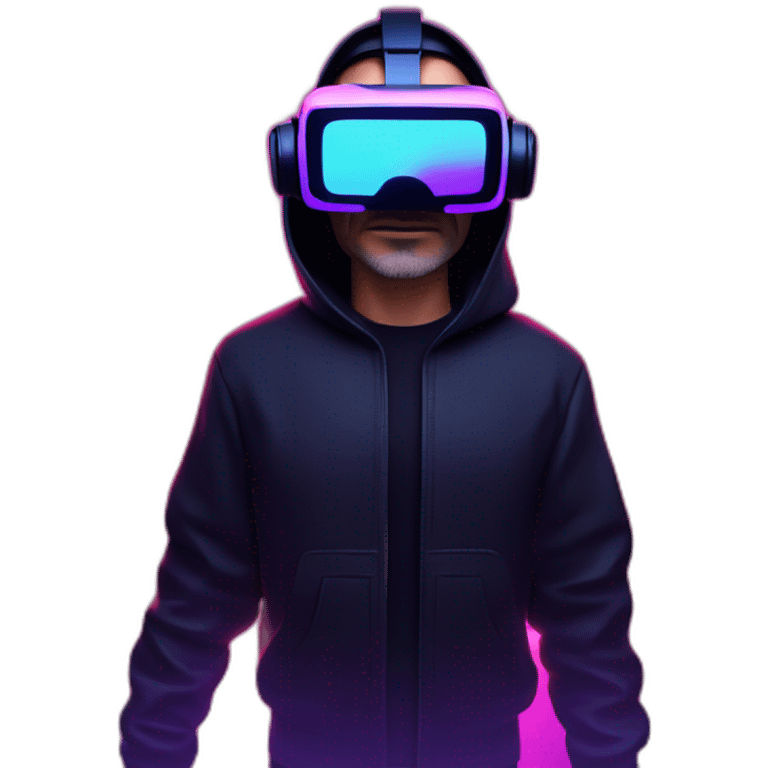 Steve Jobs wearing a black hoodie with "OMG" letters on it and VR headset in a cyberpunk VR environment with violet neon lighting. emoji