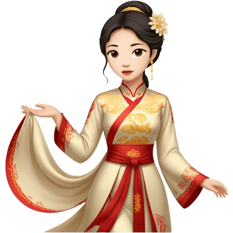 Cinematic Realistic Áo Dài Portrait Emoji, depicted as an elegant traditional Vietnamese dress with flowing graceful lines and delicate patterns, rendered with rich textures and soft ethereal lighting that captures its timeless beauty. emoji