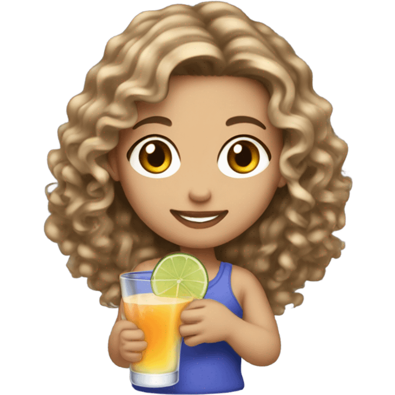 Long curly brown hair with blonde highlights, white skin with a cocktail emoji