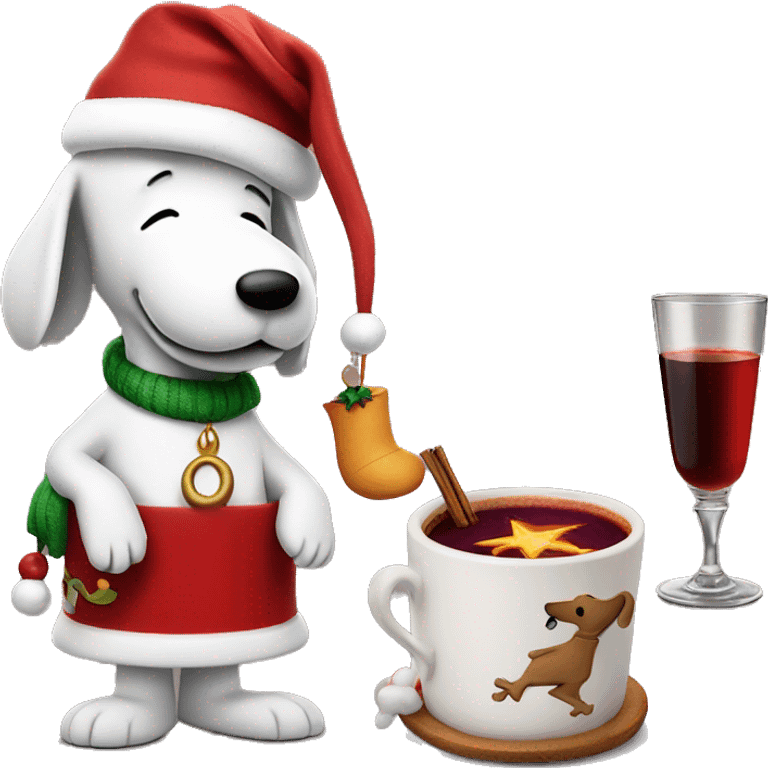 Snoopy with a Cristmashat and a Mulled wine emoji