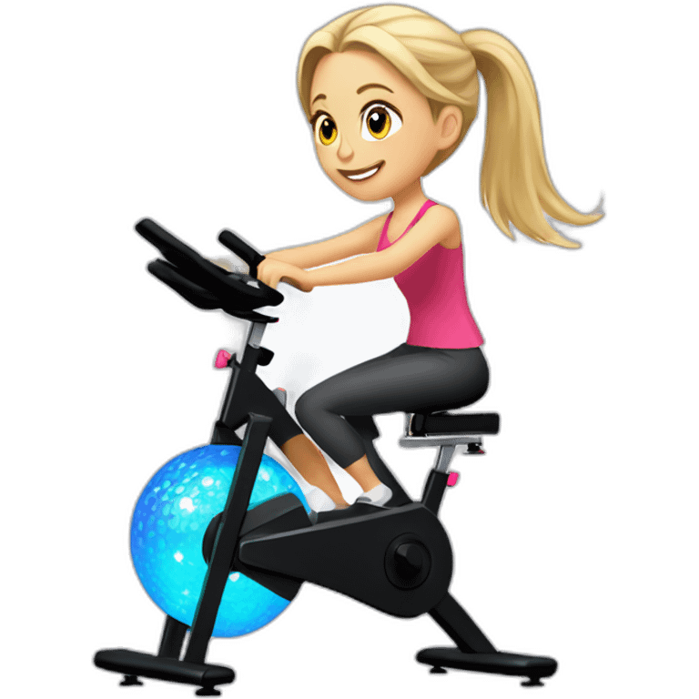 Girl with blonde pony tail riding a spin bike with a disco ball emoji