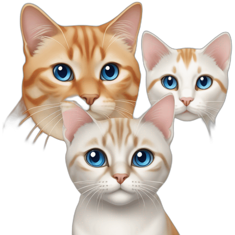 three cats, one lynx point siamese cat with blue eyes, one orange and white tabby cat, and one all orange cat with orange eyes emoji