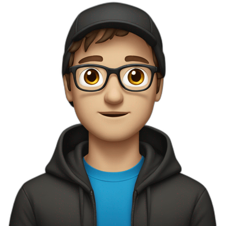 man with blue eyes, brown hair, black hoodie, glases, cap emoji