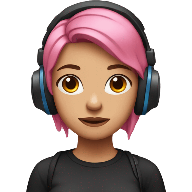 woman, pink hair, blue eyes, headphones, black shirt, frowning emoji