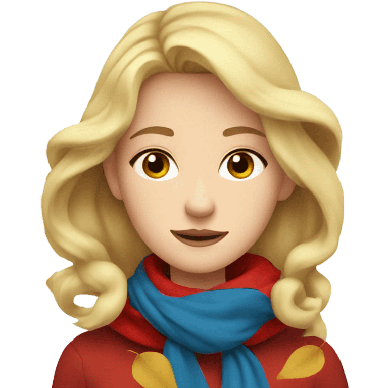 Blonde girl with blue eyes in red scarf with falling leaves  emoji