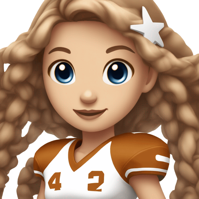 Beautiful girl, blue eyes, long beautiful light brown hair, wearing Texas Longhorn football cheerleading uniform emoji