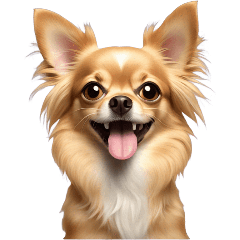 Long haired Aussie chihuahua mix dog with tongue out emoji