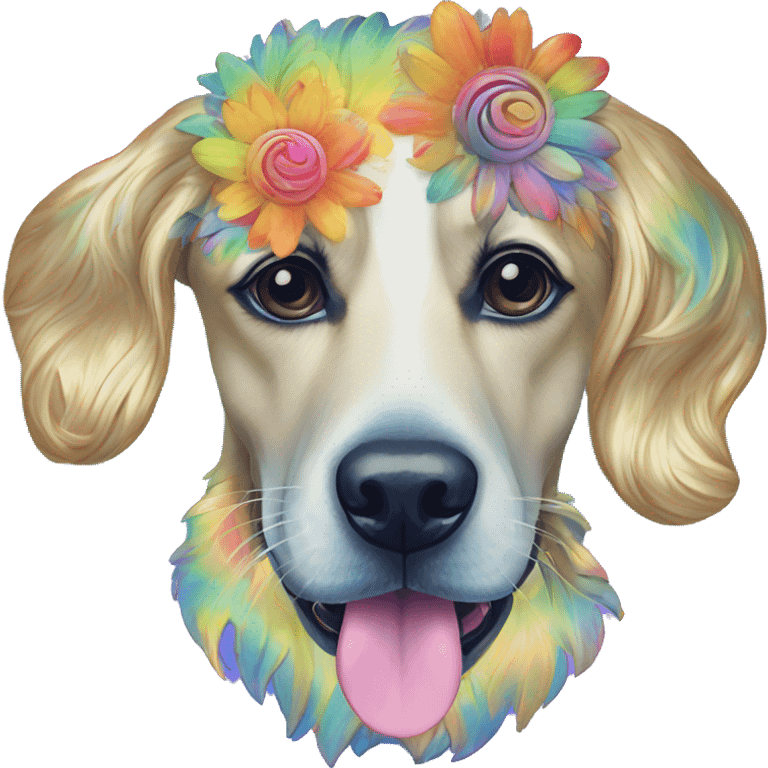 Multicolored rainbow retro groovy tie dye hippie trippy floral patterns on a metallic holographic iridescent blue dog face head unicorn emoji