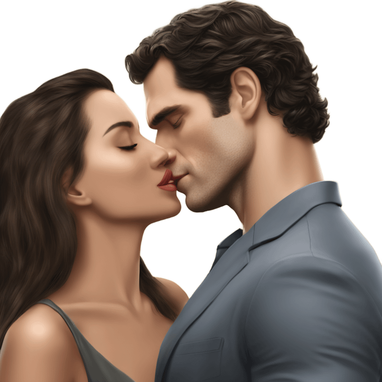 realistic photo of Henry Cavill kissing a beautiful female model while touching her cheek emoji