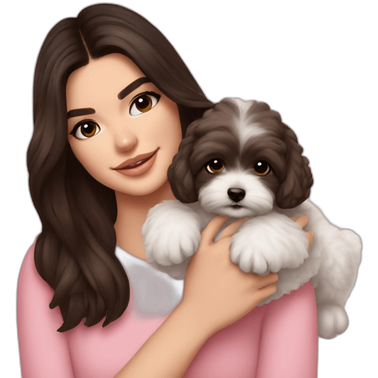 brunette Kendall Jenner with long hair holding on the hands white maltipoo wear on pink collar emoji