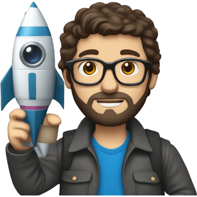 Man with glasses and dark brown hair and beard blue eyes, holding a camera, and a toy rocket emoji