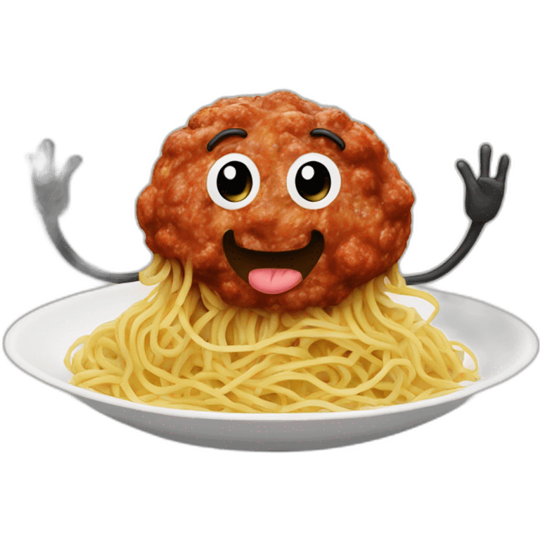 Spaghetti and meatballs with a face, arms and legs, doing something random emoji