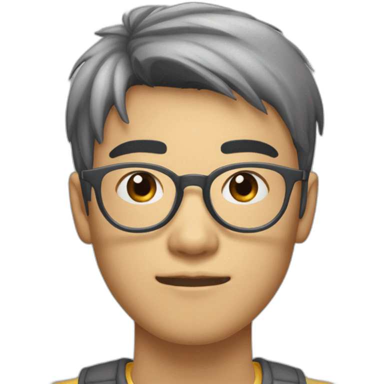 A 20-year-old Asian male with slightly pale skin, wearing transparent grey-framed glasses, with choppy bangs nearing his eyebrows, large eyes, and a slightly oval face. emoji