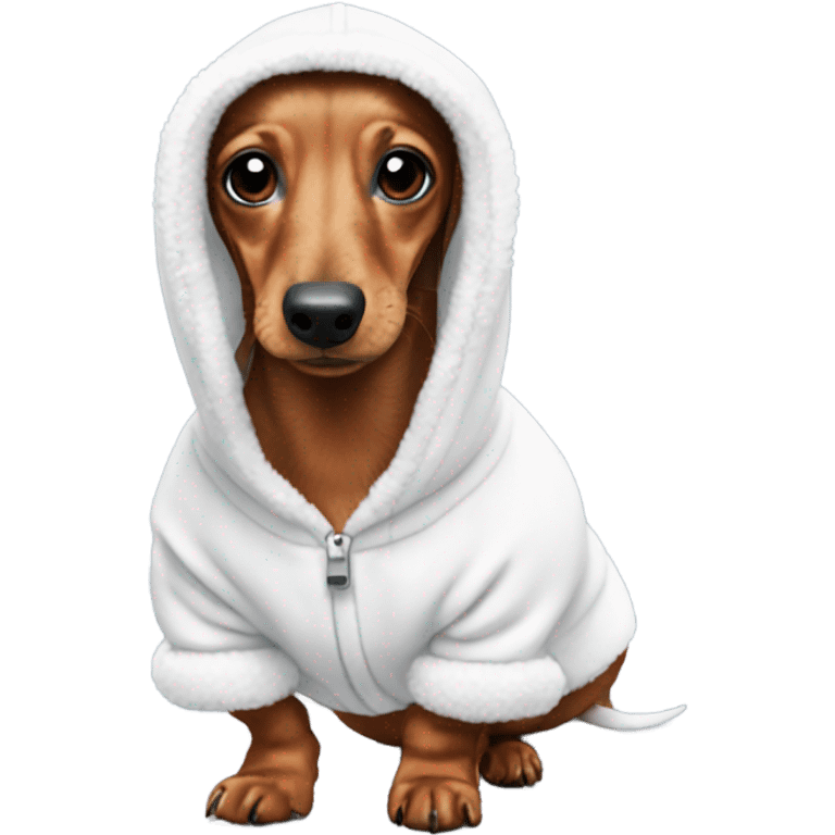 Daschund wearing a white fluffy hoodie emoji