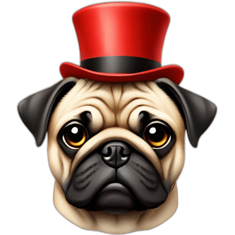 a sleepy pug wearing a red top hat emoji