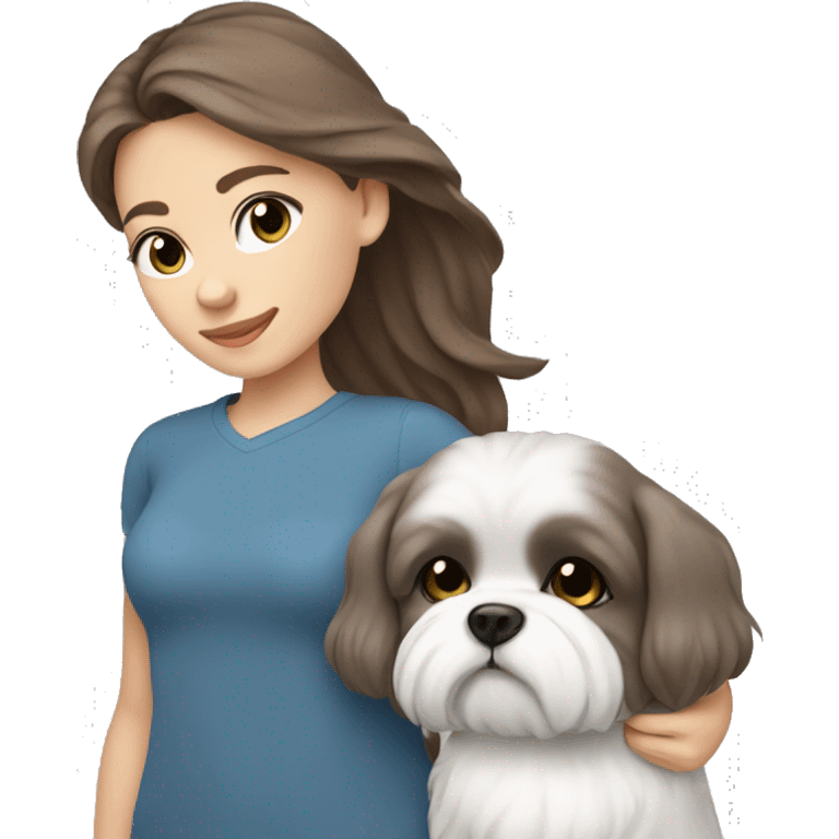 Brown hair girl with blue eyes holding grey shih ztu emoji