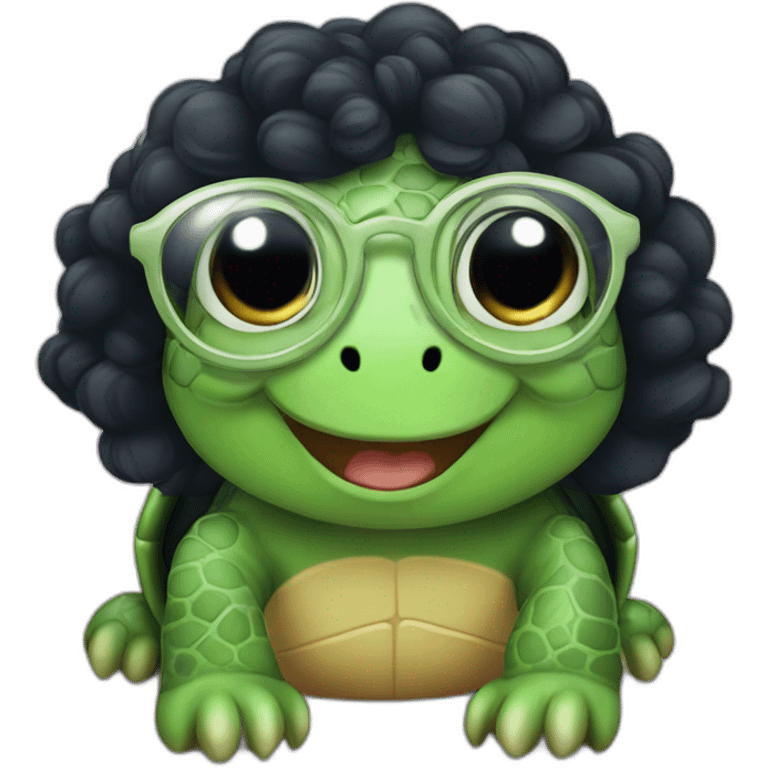 Cute Turtle with glasses and long black curly hair emoji