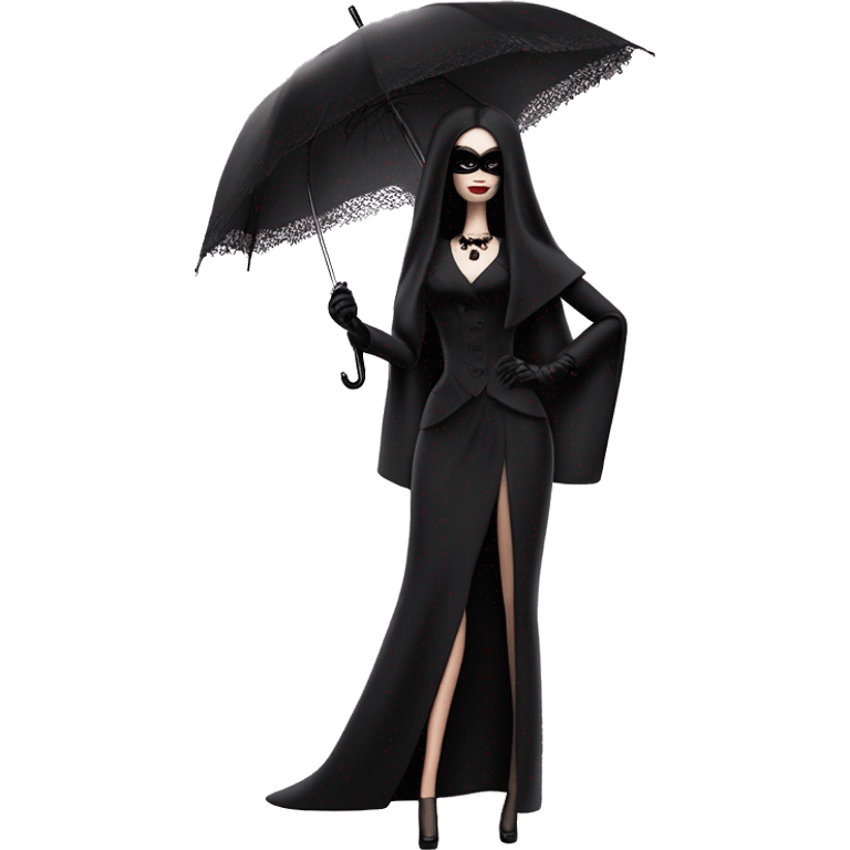 Stunning in the Spotlight Barbie, teen Morticia Addams,showing off, show full body,accessories  gloves funeral veil covering face umbrella  emoji