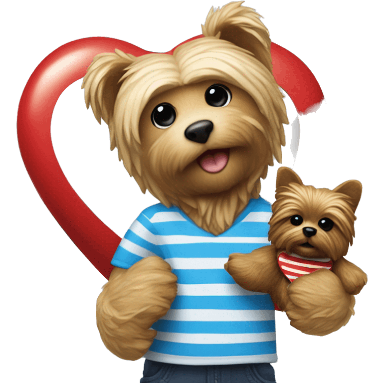 Bear toy with white and blue stripped shirt and redheart in the middle being held next to a yorkie dog emoji