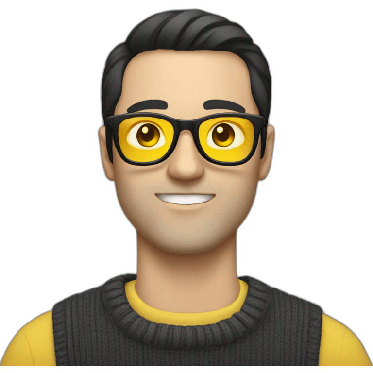 White man with yellow tinted glasses and black hair in a jumper emoji