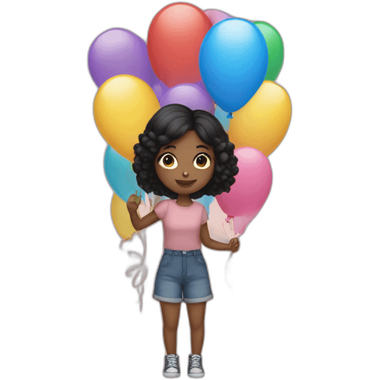 girl with black hair holds balloons in her hands emoji