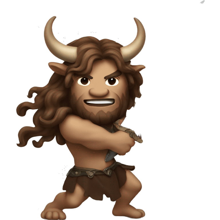 Minotaur with luxurious long brown hair swinging a large sword emoji