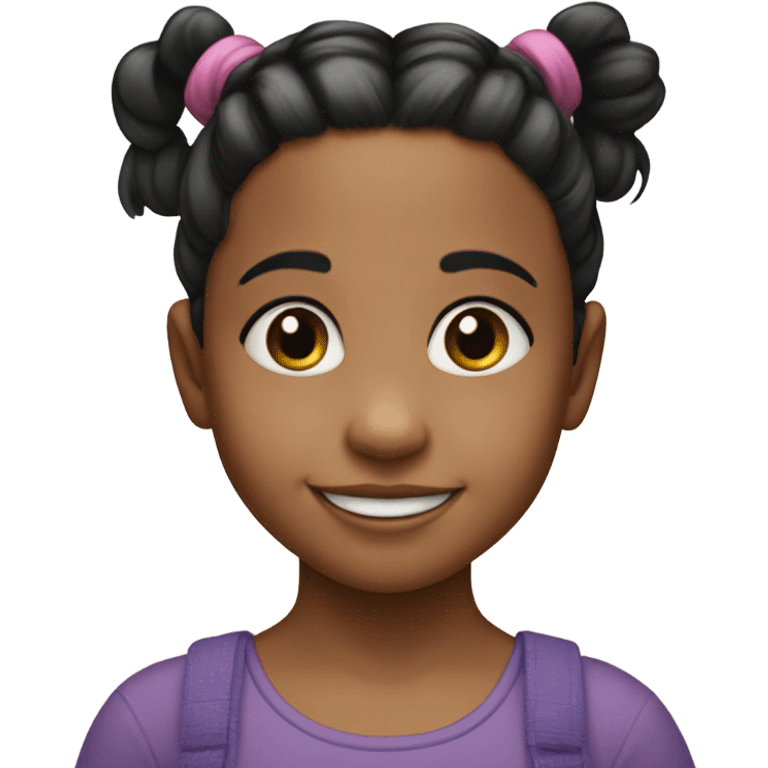 
3 year old girl with 2 pigtails and hair with black ponytails, big black eyes, smiling emoji