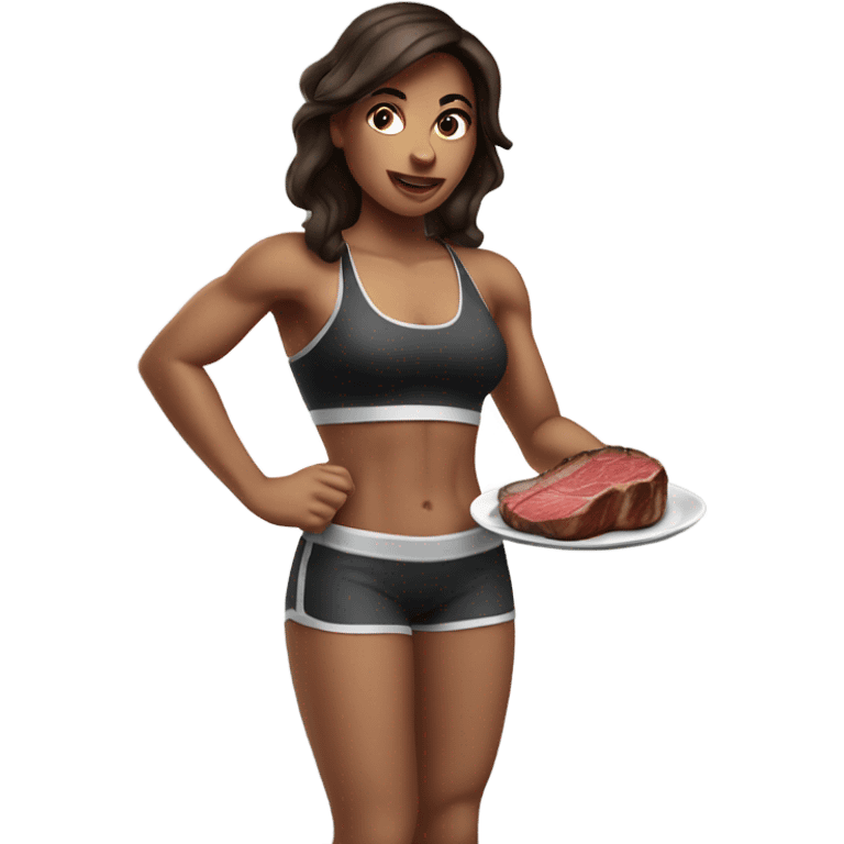 Brunette gym girl eating steak  emoji