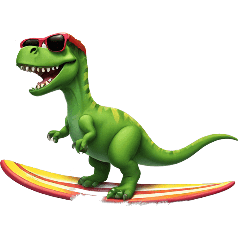 Dinosaur riding a surfboard with sunglasses emoji