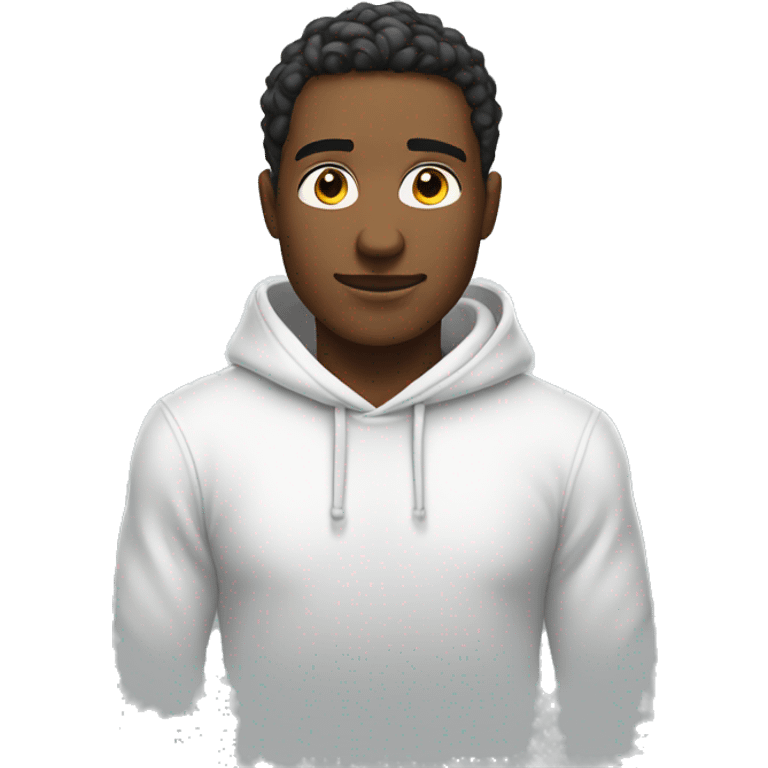 An emoji of a handsome man wearing a white hoodie, standing confidently with a friendly and relaxed expression emoji