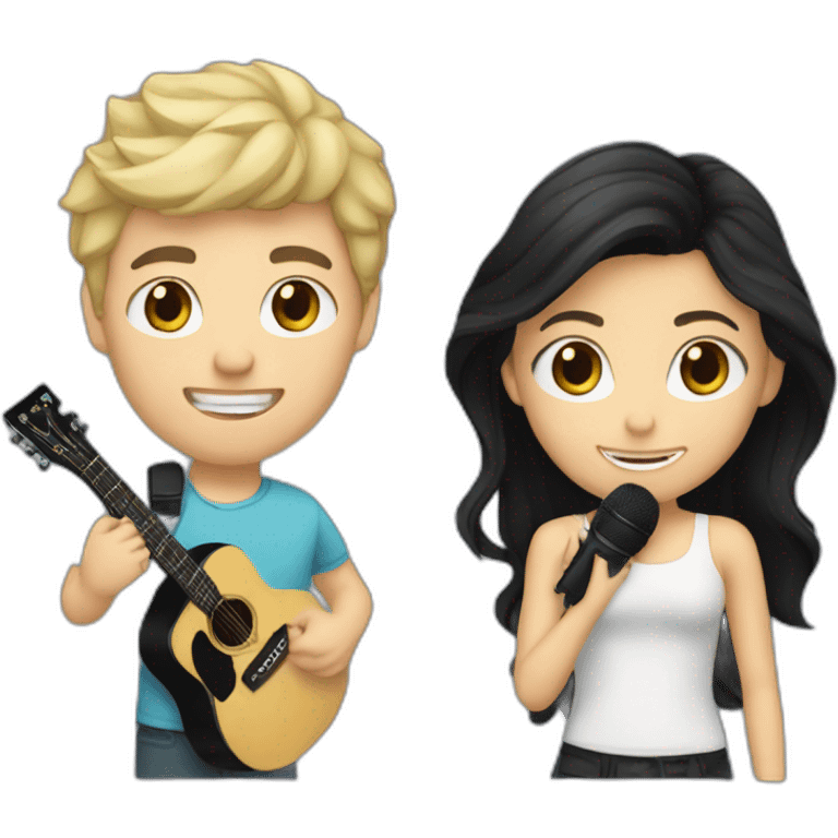 Blonde Caucasian boy with black guitar and a Caucasian girl with dark hair with a microphone emoji