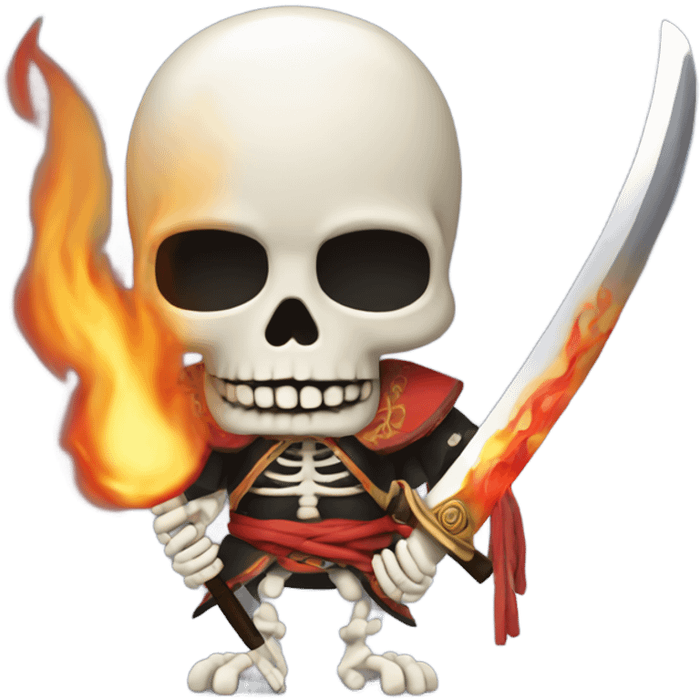 Skeleton with fire for hair, holding a samurai sword emoji