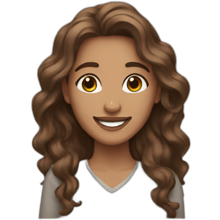 Very proud happy woman. Brown eyes and long wavy hair.  emoji