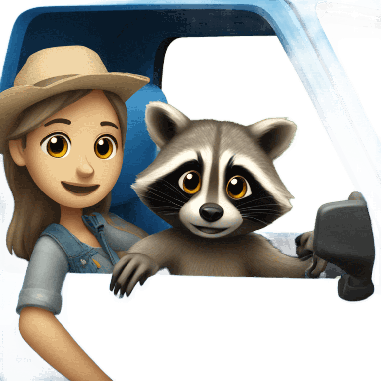 Raccoon driving blue pickup truck with girlfriend raccoon  emoji