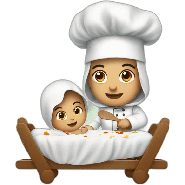 Arab slicing chef in traditional Palestinian outfit baby in crib emoji